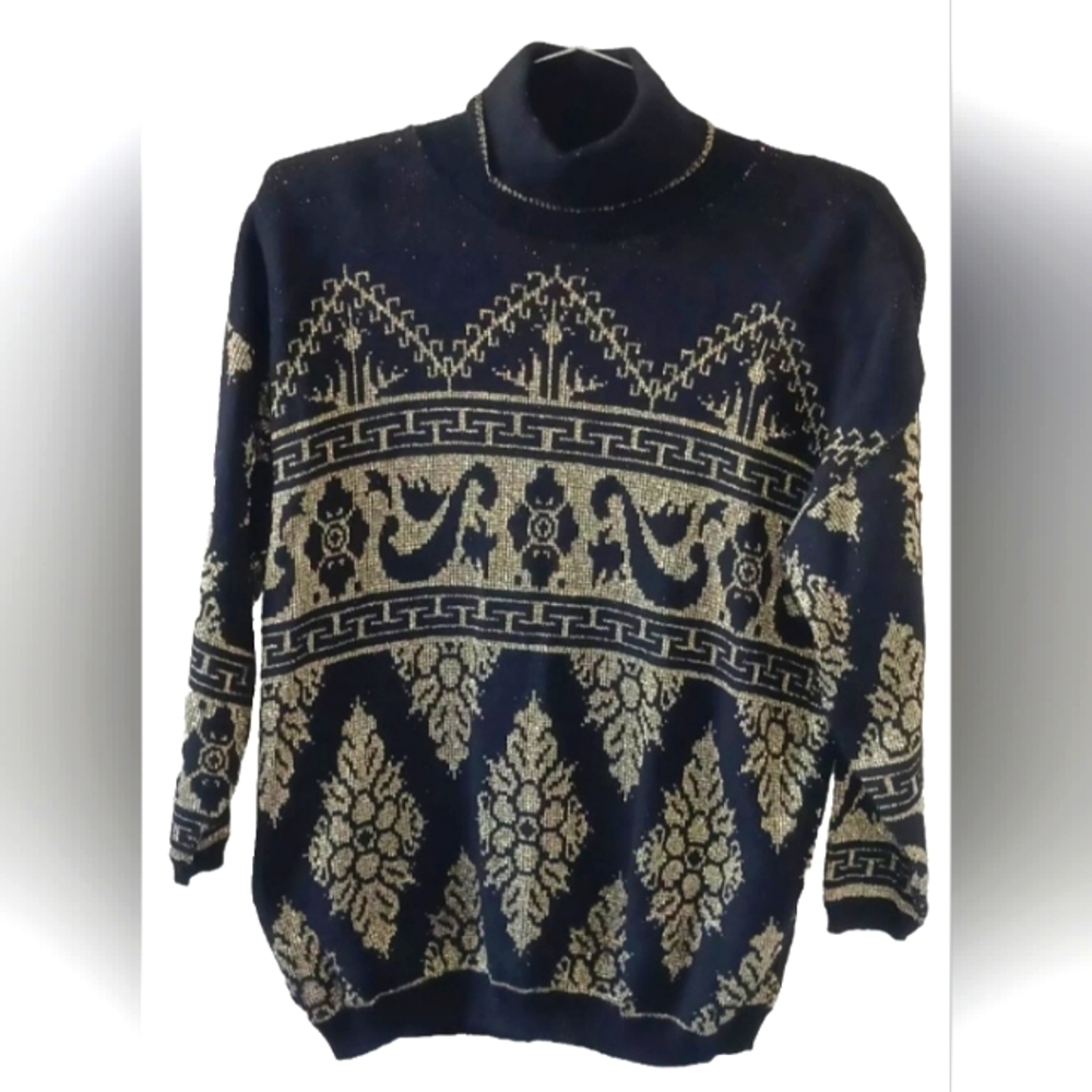 80s Vintage Sweater Anna G Black & Gold Glitter Knit Pullover Label Removed M